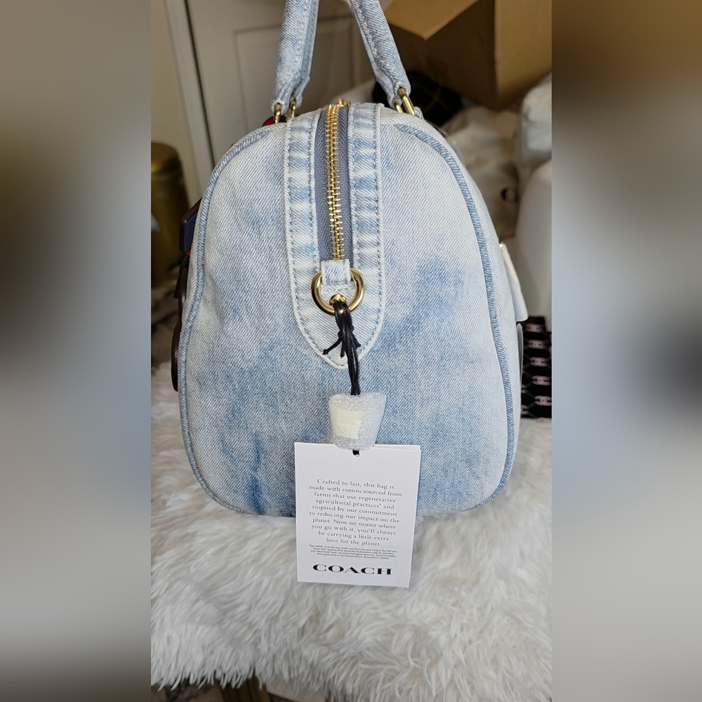 COACH Rowan Large Satchel Bag In Loved Denim With Charms - Picture 10 of 12